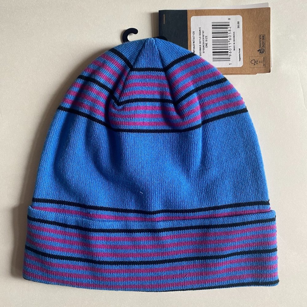 The North Face Dock Worker Recycled Cuffed Beanie Hat Ski Cap Blue Striped - Picture 2 of 3